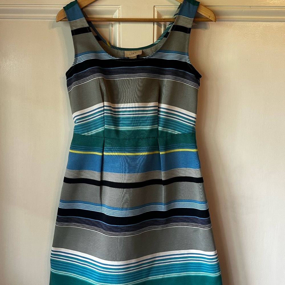 LOFT Blue and Gray Sheath Midi Dress Sleeveless Scoop Neck
